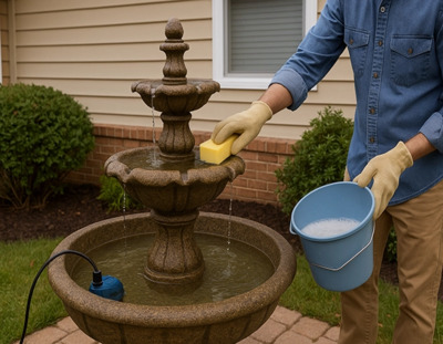 chatgpt image of someone cleaning their outdoor fountain